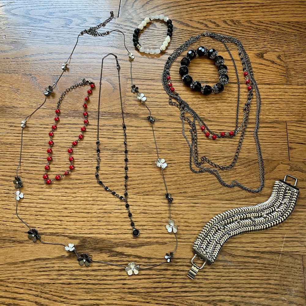 Black, Red and White Necklace Stack Jewelry Bundle